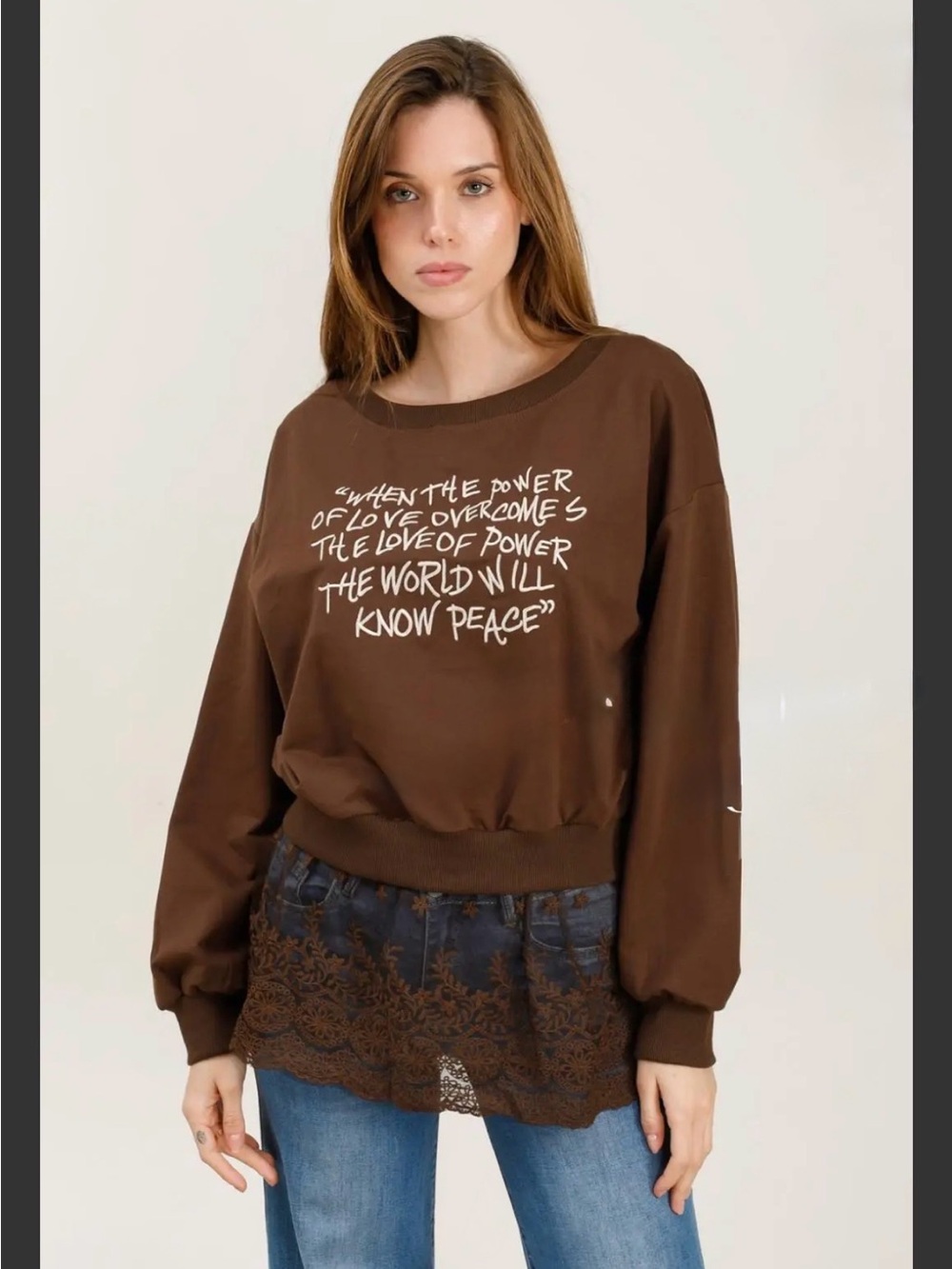 Brown Graphic Pullover Sweatshirt with Lace Hem